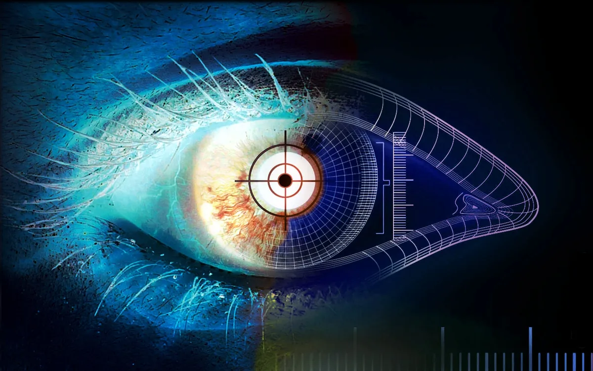 Close-up van een oog met een digitale scan, als illustratie van biometrie