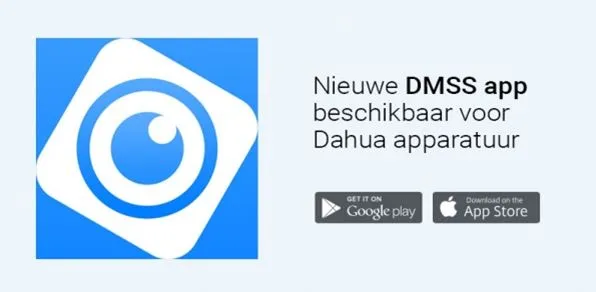 Logo van de Dahua DMSS-app met downloadknoppen voor Google Play en de App Store